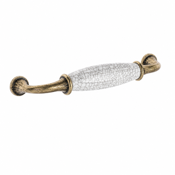 Meubelgreep 128 mm antiek messing / porselein beige