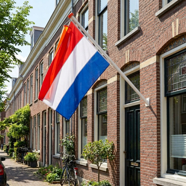 Nederlandse vlag met witte vlaggenstok, wimpel, oranje vlaggenstokdop en witte vlaggenstokhouder